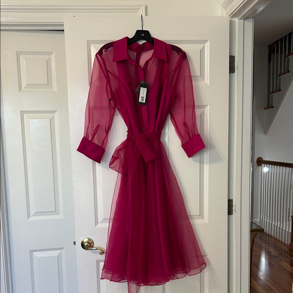 Theia Fuchsia Sheer Midi Dress